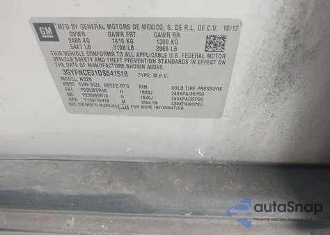 2013 Cadillac Srx Luxury Collection z USA, uszkodzony, nr VIN 3GYFNCE31DS541518